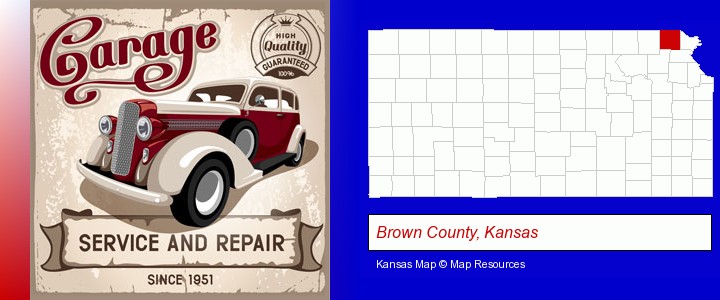 an auto service and repairs garage sign; Brown County, Kansas highlighted in red on a map