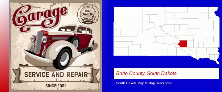 an auto service and repairs garage sign; Brule County, South Dakota highlighted in red on a map