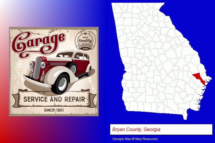 an auto service and repairs garage sign; Bryan County, Georgia highlighted in red on a map