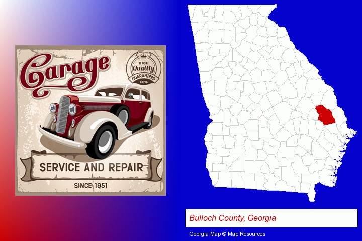 an auto service and repairs garage sign; Bulloch County, Georgia highlighted in red on a map