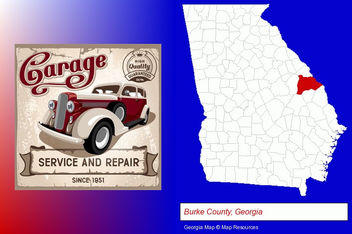 an auto service and repairs garage sign; Burke County, Georgia highlighted in red on a map