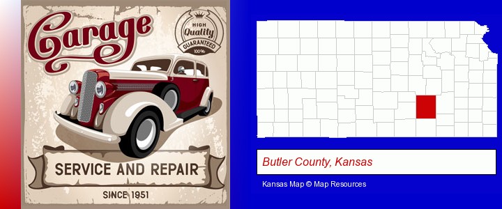 an auto service and repairs garage sign; Butler County, Kansas highlighted in red on a map
