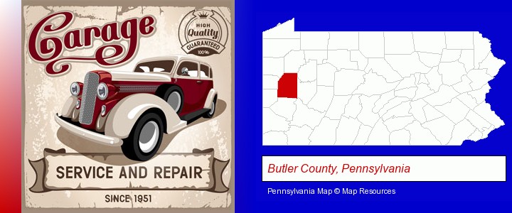 an auto service and repairs garage sign; Butler County, Pennsylvania highlighted in red on a map