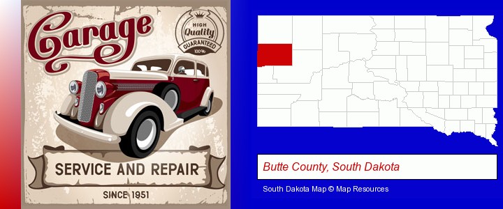 an auto service and repairs garage sign; Butte County, South Dakota highlighted in red on a map