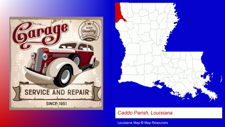an auto service and repairs garage sign; Caddo Parish, Louisiana highlighted in red on a map