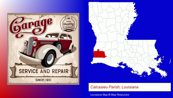 an auto service and repairs garage sign; Calcasieu Parish, Louisiana highlighted in red on a map