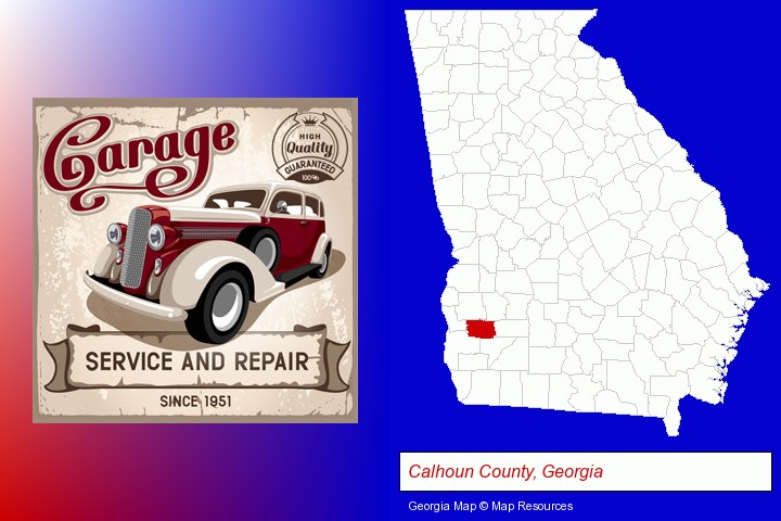 an auto service and repairs garage sign; Calhoun County, Georgia highlighted in red on a map