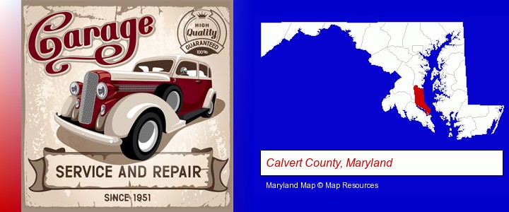 an auto service and repairs garage sign; Calvert County, Maryland highlighted in red on a map