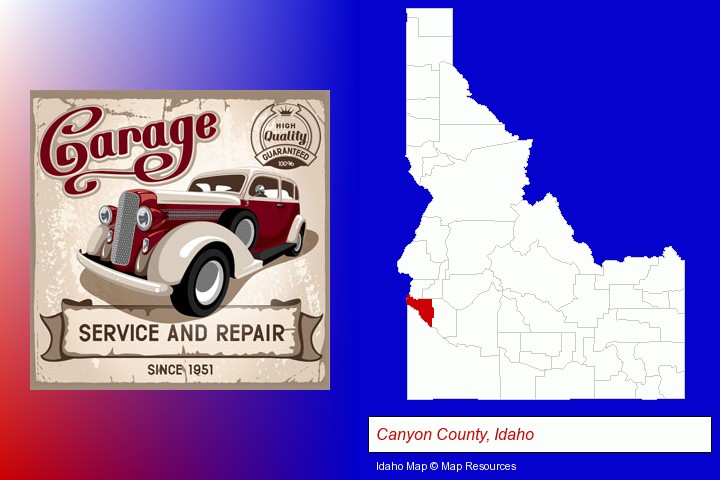 an auto service and repairs garage sign; Canyon County, Idaho highlighted in red on a map