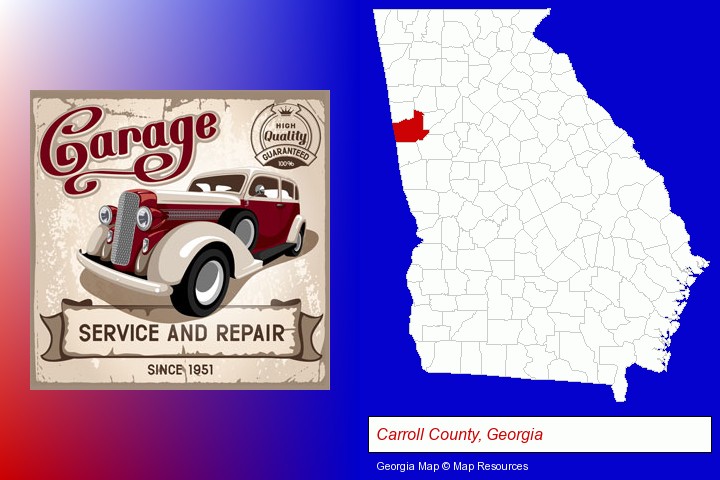 an auto service and repairs garage sign; Carroll County, Georgia highlighted in red on a map