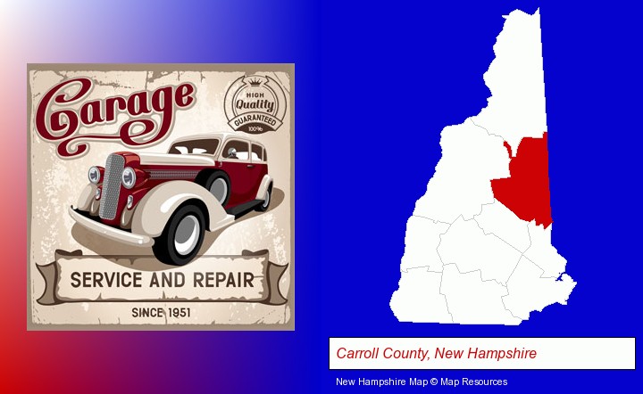 an auto service and repairs garage sign; Carroll County, New Hampshire highlighted in red on a map