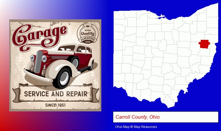 an auto service and repairs garage sign; Carroll County, Ohio highlighted in red on a map