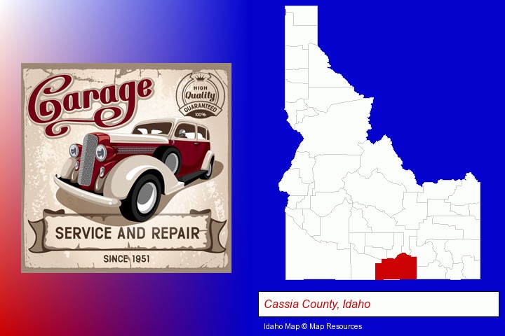 an auto service and repairs garage sign; Cassia County, Idaho highlighted in red on a map