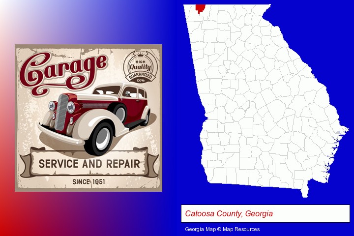 an auto service and repairs garage sign; Catoosa County, Georgia highlighted in red on a map