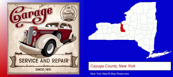 an auto service and repairs garage sign; Cayuga County, New York highlighted in red on a map