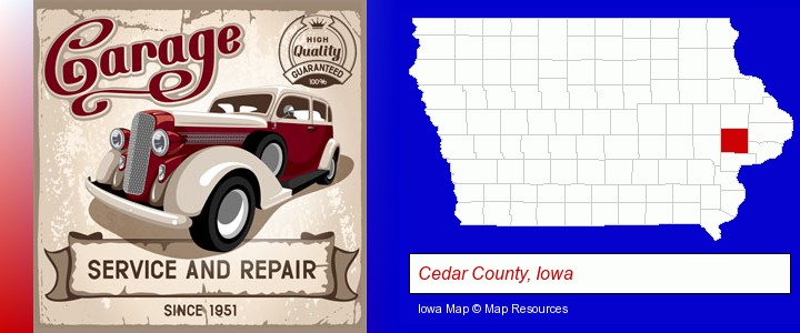 an auto service and repairs garage sign; Cedar County, Iowa highlighted in red on a map