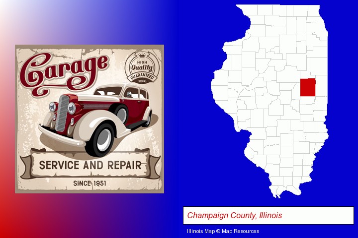 an auto service and repairs garage sign; Champaign County, Illinois highlighted in red on a map