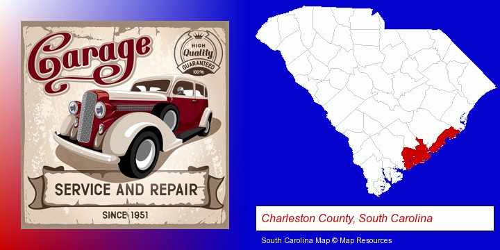 an auto service and repairs garage sign; Charleston County, South Carolina highlighted in red on a map