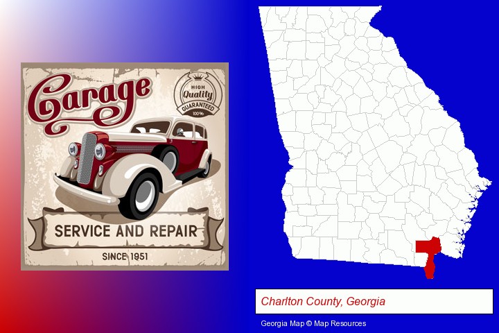 an auto service and repairs garage sign; Charlton County, Georgia highlighted in red on a map