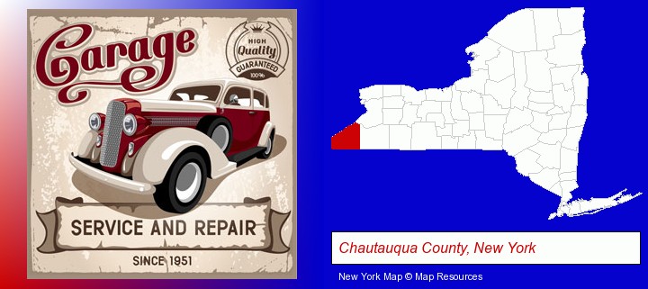 an auto service and repairs garage sign; Chautauqua County, New York highlighted in red on a map