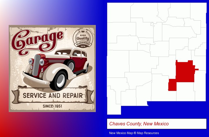 an auto service and repairs garage sign; Chaves County, New Mexico highlighted in red on a map