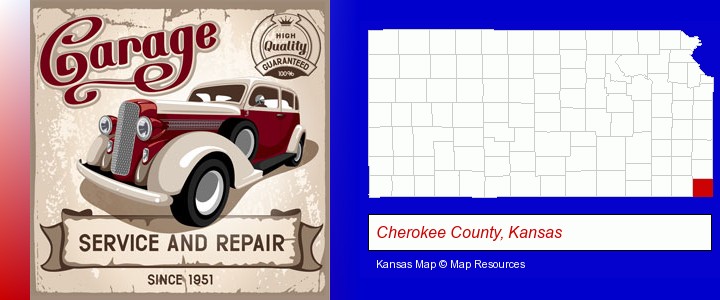 an auto service and repairs garage sign; Cherokee County, Kansas highlighted in red on a map