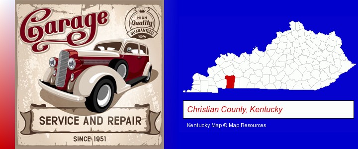 an auto service and repairs garage sign; Christian County, Kentucky highlighted in red on a map