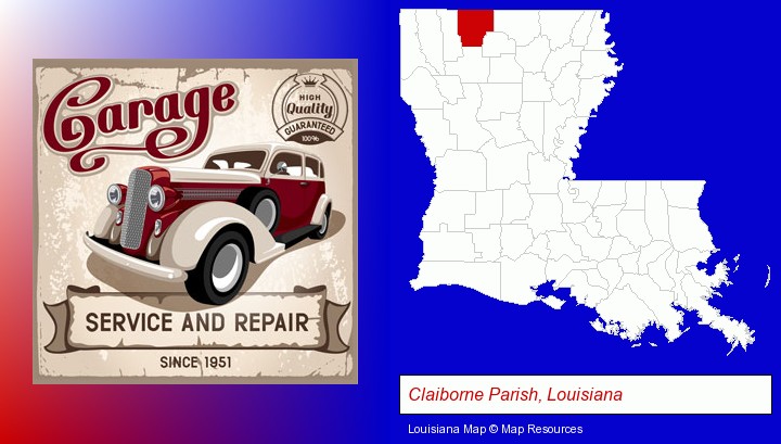 an auto service and repairs garage sign; Claiborne Parish, Louisiana highlighted in red on a map
