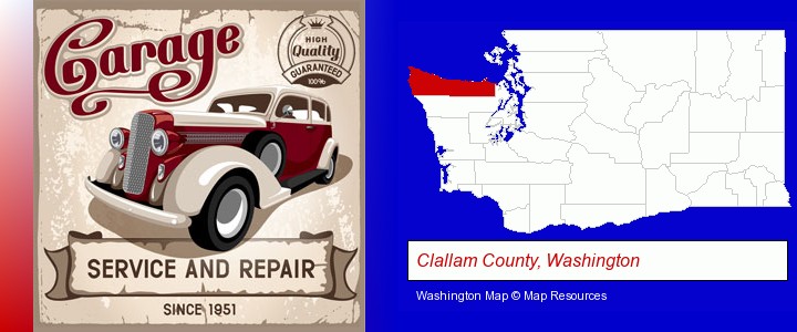 an auto service and repairs garage sign; Clallam County, Washington highlighted in red on a map