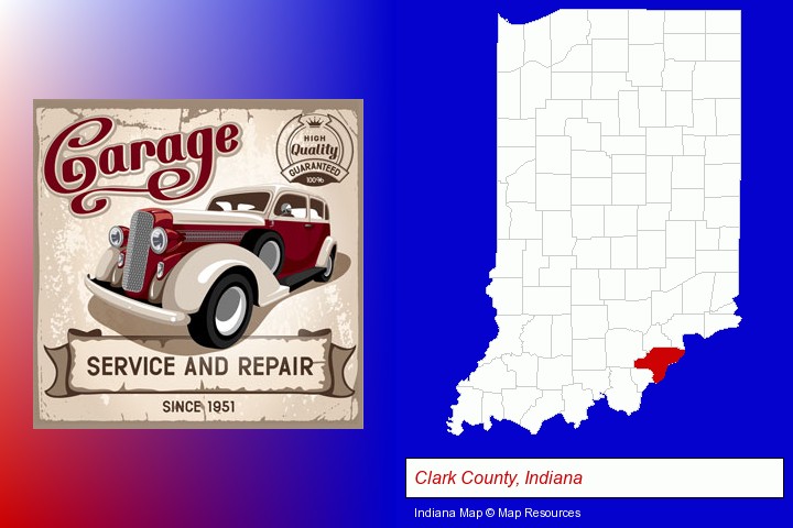 an auto service and repairs garage sign; Clark County, Indiana highlighted in red on a map