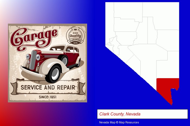 an auto service and repairs garage sign; Clark County, Nevada highlighted in red on a map