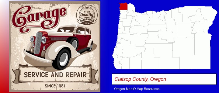 an auto service and repairs garage sign; Clatsop County, Oregon highlighted in red on a map