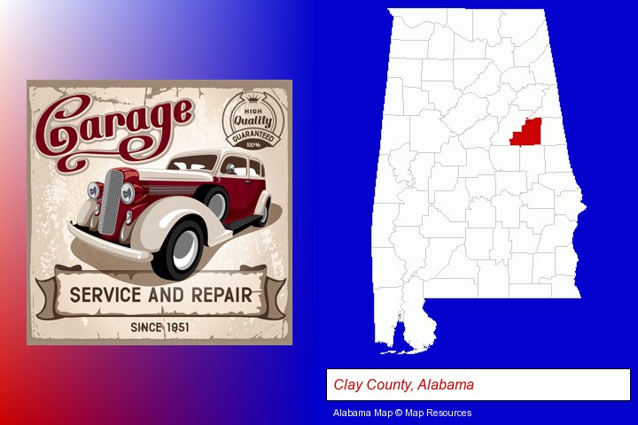 an auto service and repairs garage sign; Clay County, Alabama highlighted in red on a map