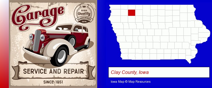 an auto service and repairs garage sign; Clay County, Iowa highlighted in red on a map
