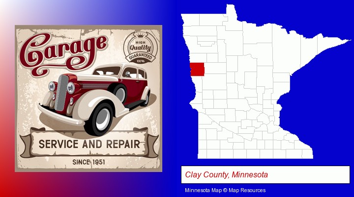 an auto service and repairs garage sign; Clay County, Minnesota highlighted in red on a map