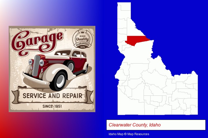 an auto service and repairs garage sign; Clearwater County, Idaho highlighted in red on a map