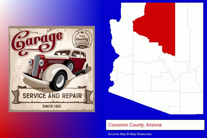 an auto service and repairs garage sign; Coconino County, Arizona highlighted in red on a map