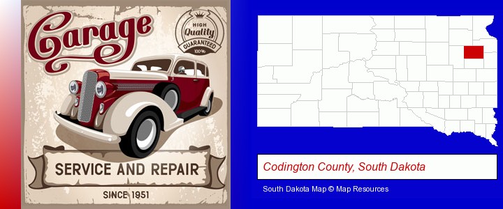 an auto service and repairs garage sign; Codington County, South Dakota highlighted in red on a map