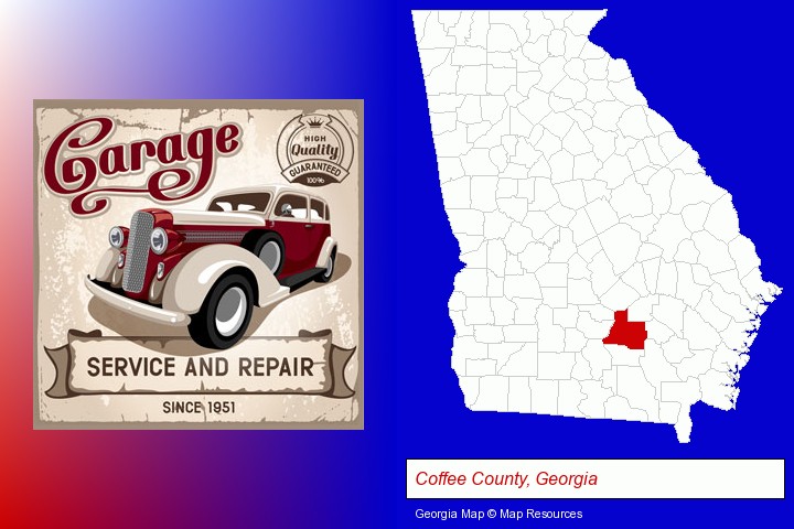 an auto service and repairs garage sign; Coffee County, Georgia highlighted in red on a map