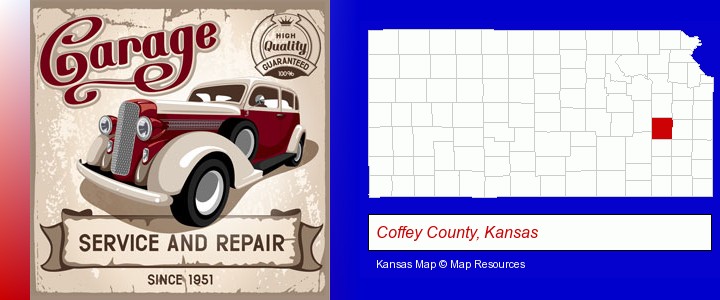 an auto service and repairs garage sign; Coffey County, Kansas highlighted in red on a map
