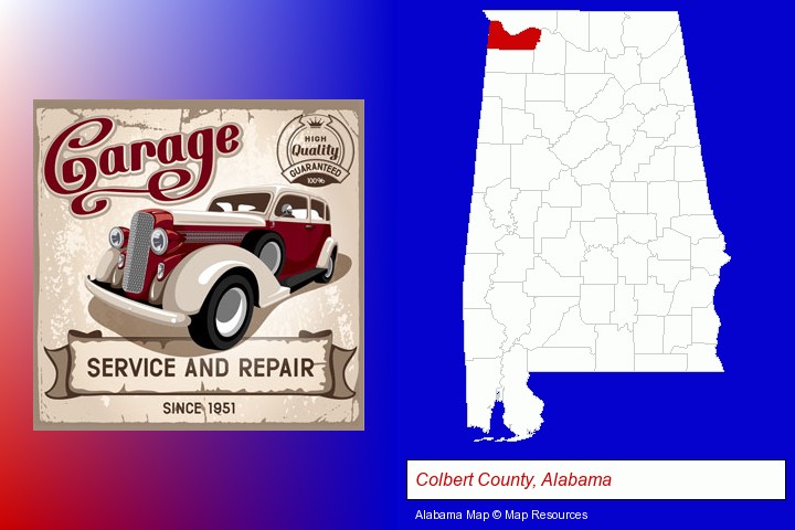 an auto service and repairs garage sign; Colbert County, Alabama highlighted in red on a map