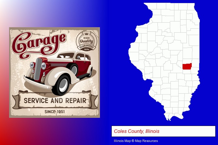 an auto service and repairs garage sign; Coles County, Illinois highlighted in red on a map