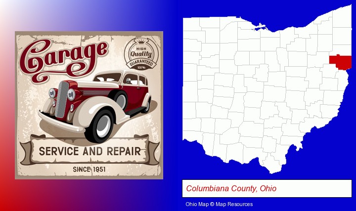 an auto service and repairs garage sign; Columbiana County, Ohio highlighted in red on a map