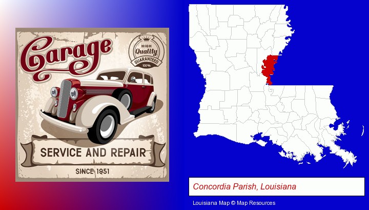 an auto service and repairs garage sign; Concordia Parish, Louisiana highlighted in red on a map