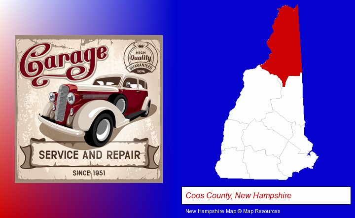 an auto service and repairs garage sign; Coos County, New Hampshire highlighted in red on a map