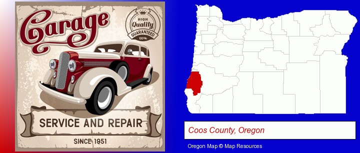 an auto service and repairs garage sign; Coos County, Oregon highlighted in red on a map