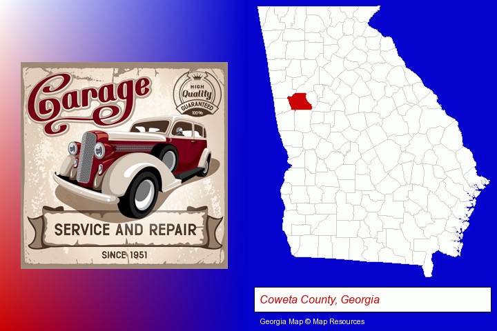 an auto service and repairs garage sign; Coweta County, Georgia highlighted in red on a map