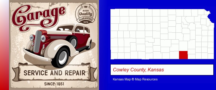 an auto service and repairs garage sign; Cowley County, Kansas highlighted in red on a map