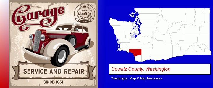 an auto service and repairs garage sign; Cowlitz County, Washington highlighted in red on a map