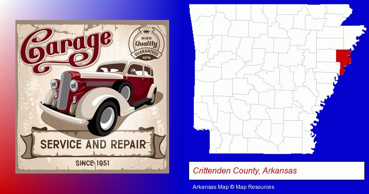an auto service and repairs garage sign; Crittenden County, Arkansas highlighted in red on a map